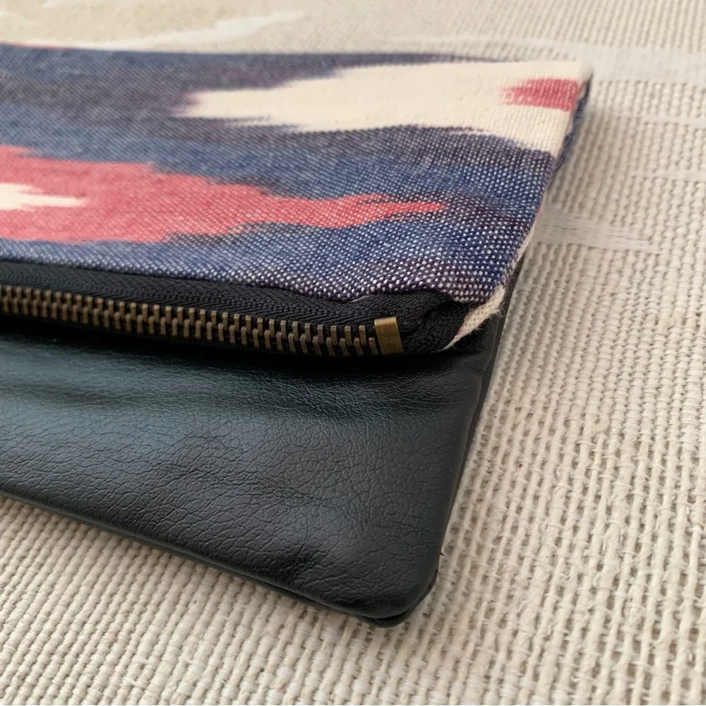 Handmade Vintage Ikat Woven Fabric and Leather Foldover Clutch Bag